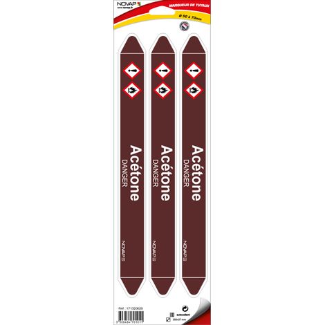 Planche de 3 marqueurs de tuyauterie 355 x 37 mm pour Ø 50 à 70 mm - Acétone - 4701011