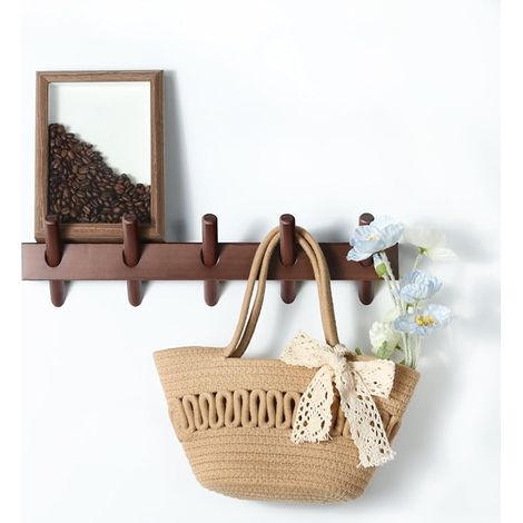 Porte-manteau mural en bois massif, crochets muraux amovibles en bois pour accrocher, installation dans les entrées, salles de bains et buanderies pour le rangement (noyer vieilli, 5 crochets) (1/5)