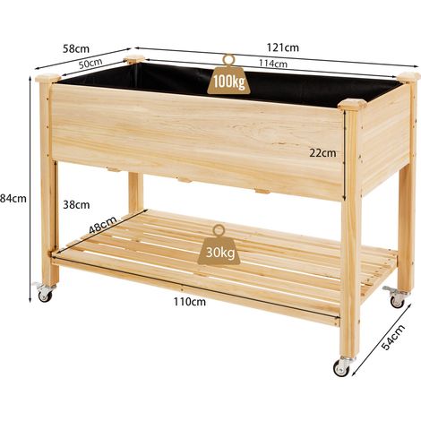 Bac de jardin surélevé en sapin naturel avec roues verrouillables, étagère et doublure pour jardin, terrasse et balcon (1/5)