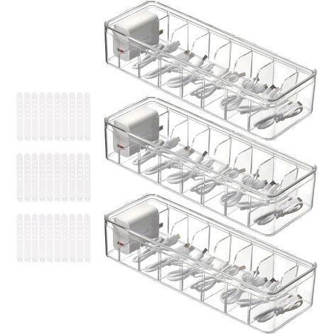 Lot de 3 Bacs de Rangement Accessoire Bureau, Boîtes de Rangement de Câbles Transparentes avec 8 Compartiments Amovibles et 30 Serre-Câbles (1/5)
