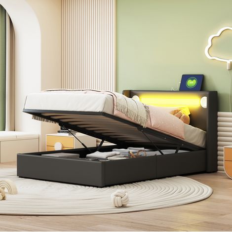 Letto imbottito 90x200 cm nero in PU con LED, Bluetooth e vano contenitore (1/5)