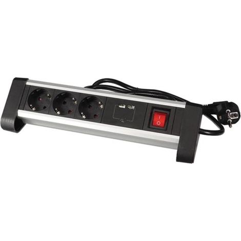 Perel Regleta de mesa moderna negra 3 enchufes 2 USB