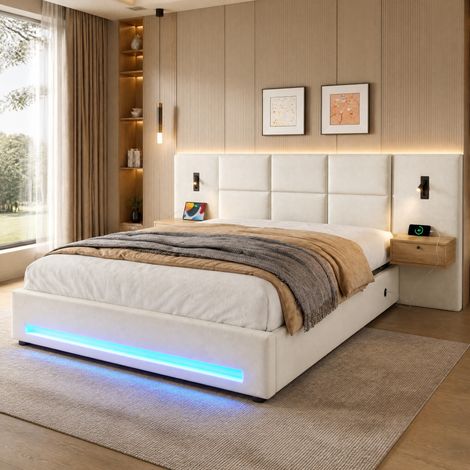 Lit coffre 180x200 cm en velours beige, gain de place pour chambre FLORAGRACE (1/5)