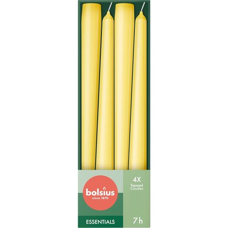4 bougies pointues lisses - Jaune - Bougies décoratives pour la maison - Durée de combustion : 7 heures - Sans parfum - 50% Cire végétale naturelle - Sans huile de palme - 24.5 cm (1/5)