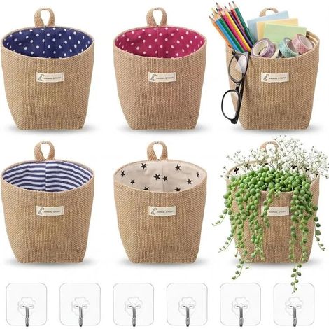 6 Pièces Sacs Rangement Suspendus Coton Lin, Paniers Pliables avec Crochets, Organiseur Mural pour Jouets, Maquillage, Clés et Petit (1/5)