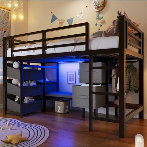 Cama semialta de metal negra 90x200 cm con LED multicolor, cojín de asiento y almacenaje (1/5)