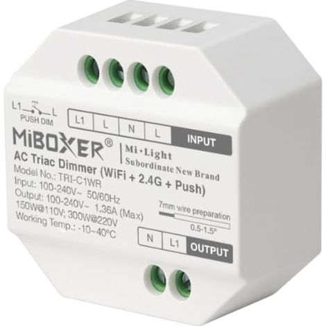 Miboxer TRI-C1WR AC Triac Dimmer WiFi+2.4G+Push, Regulador Triac WiFi