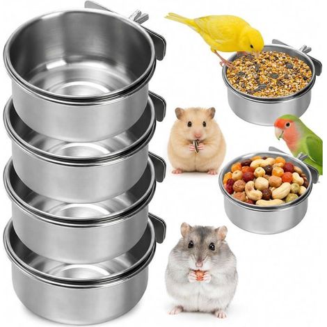 Ensemble de 4 gamelles en acier inoxydable avec clips Mangeoire suspendue pour oiseaux et rongeurs Gamelle amovible pour cage (1/5)