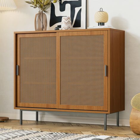 URBAN MEUBLE Buffet effet bois 2 portes coulissantes en rotin 100x37x90cm (1/5)