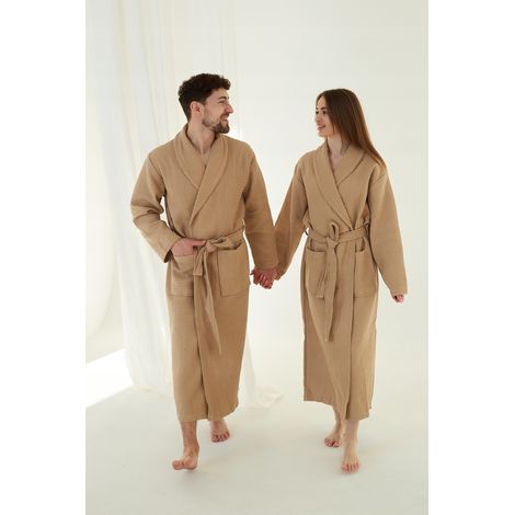 Langer, dünner Unisex-Bademantel mit Taschen, 100 % Baumwolle, schnelltrocknend, beige, Größe XL (1/5)