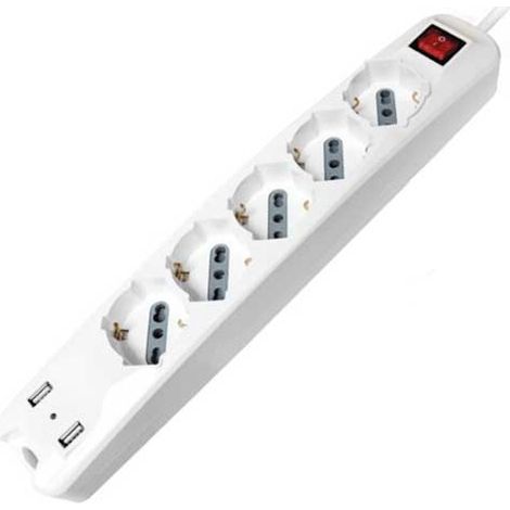 V-TAC Multipresa ciabatta 5 posti bipasso/schuko presa tedesca 10/16A + 2 prese USB cavo 1,5mt interruttore luminoso - sku 8715