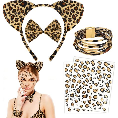 Ensemble de 5 Accessoires de Mode Léopard : Bandes pour Cheveux, Cravates, Bracelets et Autocollants - Parfait pour Costume, Fêtes et Cosplay