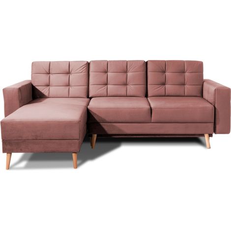 Divano ad angolo trasformabile HASGARD 3 posti rosa 248x162 cm – con vano contenitore e piedi in legno
