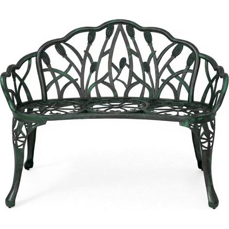 Panchina da giardino vintage verde in alluminio con schienale decorativo e braccioli (1/5)