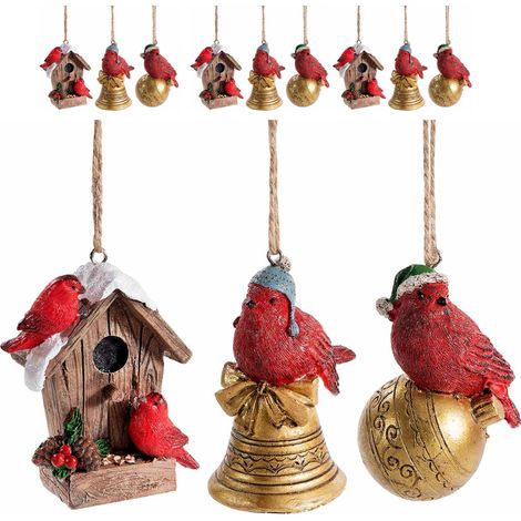 Set 9 decorazioni Natalizie in resina con uccellini da appendere
