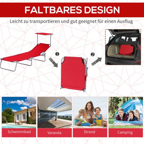 Transats de jardin pliants avec auvent, chaise longue à dossier réglable sur 4 positions, camping robuste résistant aux intempéries jusqu'à 120 kg, pour jardin plage piscine, Rouge (1/5)