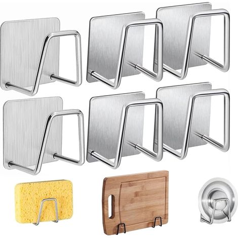 6 Pièces Porte Eponge INOX, Auto Adhesif, Support Eponge Evier Cuisine et Salle de Bain pour Rangement (1/5)