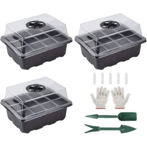 Bac à semis Démarrage de Semis Plateau, 3pcs Boîte de Germination Mini Serre pour Semis avec Dôme D'humidité Réglable pour la Culture des Plantes(12 Cellules par Plateau) (1/5)