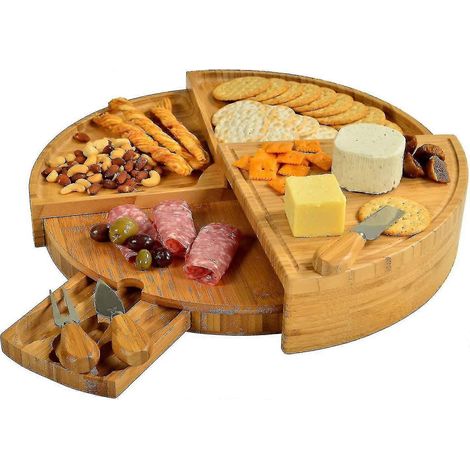 Planche à fromage/charcuterie en bambou brevetée avec ensemble de couteaux - se range en forme de triangle compact - diamètre ouvert : 45,7 cm - conception et qualité contrôlées. Meilleure version. (1/4)