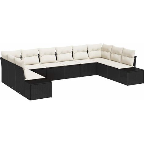 Garden Sofa Set with Cushion 10 pcs Black and Cream Poly Rattan vidaXL
