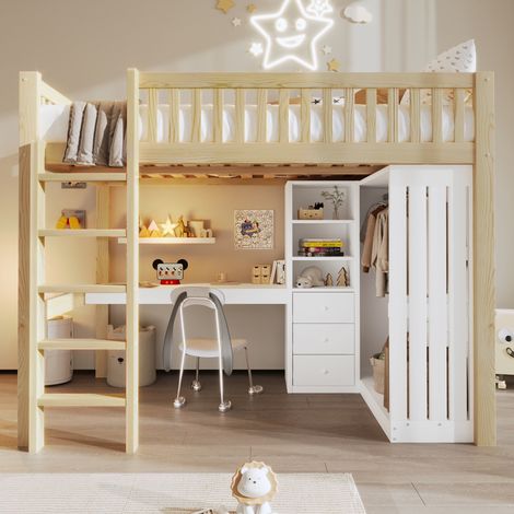 Lit Mezzanine Enfant 140x200 cm en Pin Massif avec Bureau - Lit superposé Armoire et Escalier de Rangement - Sommier Inclus, Naturel