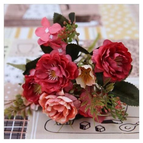 BUNTHAUS Bouquet d'imitation de petites roses de style européen, décoration de la maison de fleurs d'imitation, bouquet d'imitation (rouge) (1/5)