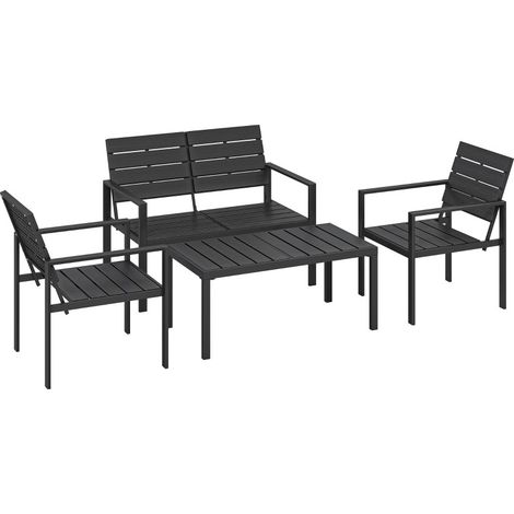 Salon de jardin 4 places avec canapé 2 places, 2 fauteuils et table basse 95,3 x 50,5 cm, mobilier de terrasse en métal et HDPE noir pour balcon CHICFURN (1/5)