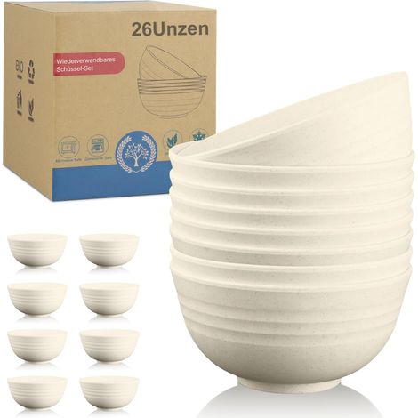 Lot de 8 bols à céréales en plastique réutilisables - Bol à soupe incassable de 750 ml - Bols à soupe passent au micro-ondes - Beige (1/5)