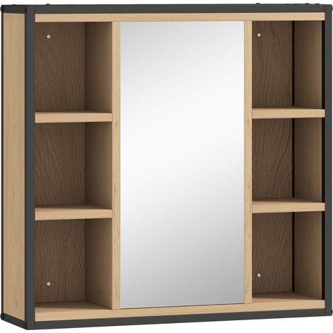 Armoire, 3 niveaux de rangement, 6 compartiments, avec miroir, chêne, pour salle de bain, étagère à 3 niveaux, fixée au mur