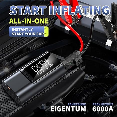 Booster Batterie Voiture Avec Gonfleur, Demarreur Batterie Voiture avec Compresseur d'air Portable, 6000A 10000mAh Booster d'urgence avec Éclairage LED Mode SOS (1/4)