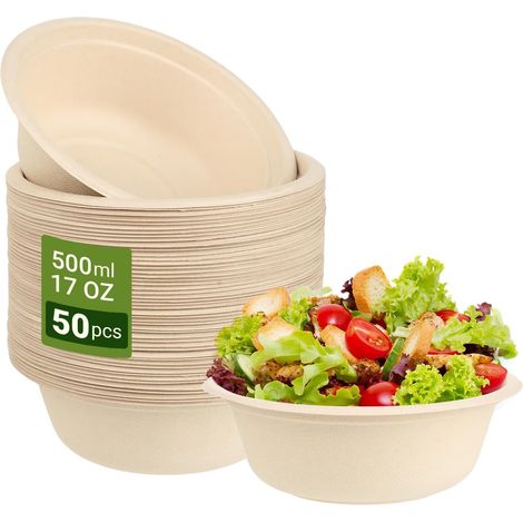 50 Bols Jetables - Bols en Carton, 500ml/17oz, Fabriqués en Matériau de Haute Qualité de Fibres de Canne à Sucre et de Paille de Blé, Usage Unique et Biodégradable, Résistants au Froid et à la Chaleur (1/5)