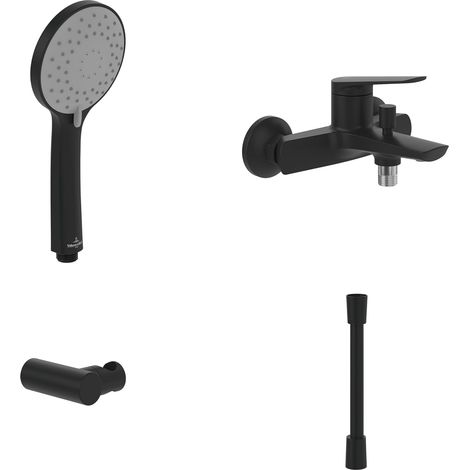 Villeroy & Boch Oasis Badewannenarmaturen-Set Aufputz (4 in 1 Bundle), Wannenarmatur inkl. Armatur, Handbrause, Handbrauseschlauch und Handbrausehalter, Matt Black (1/5)