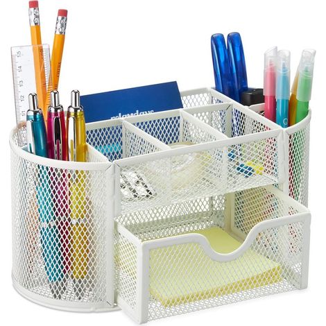 Rangement de bureau multifonctionnel Blanc,rangement de bureau en maille métallique avec tiroirs coulissants,9 compartiments de tri pour stylos,agrafeuses,chemises et papier à lettres. (1/4)