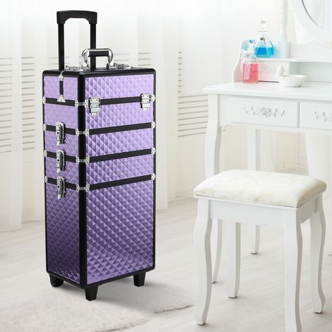 Violet - Trousse de maquillage professionnelle avec jantes universelles, niveaux différents, trousse de maquillage à poignée extensible