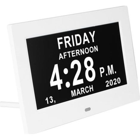 Horloge numérique 7 pouces– pour personnes âgées – calendrier jour mois date – rétroéclairage auto – 8 langues – facile à brancher – Blanc (1/4)