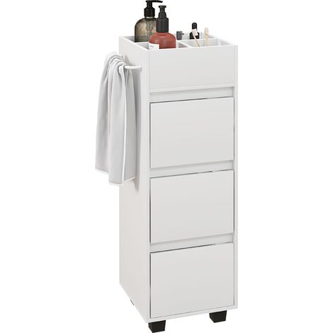 Mobile contenitore da bagno con 4 scomparti, 3 cassetti e portasciugamani, dimensioni 35 x 30 x 90 cm, colore bianco.