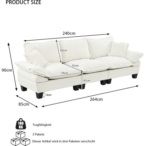 Canapé en chenille pour voilier, 3 places avec accoudoirs courbés, canapé orienté confort pour petites pièces et appartements, beige