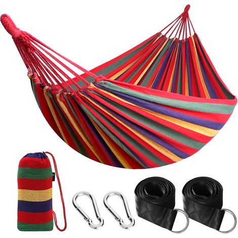 Hamac en coton 280 x 150 cm, charge maximale 200 kg, portable avec sac de transport, pour terrasse, jardin, vert clair. (1/5)