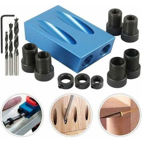 Kit di 14 pezzi per fori a tasca, angolo di posizionamento del punzone a 15°, utensile per la lavorazione del legno, posizionatore per dima per fori per viti, kit di foratura, morsetti per dima per la (1/4)