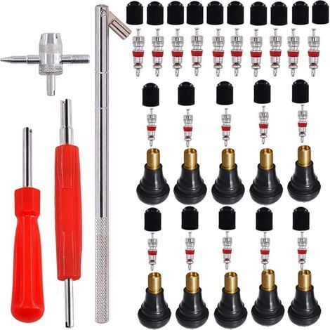 44 piezas de juego de herramientas para núcleo de válvula de neumático, extractor de válvula + núcleos de válvula de neumático + tapones de válvula + válvulas de goma TR412 + herramientas de válvula, (1/4)