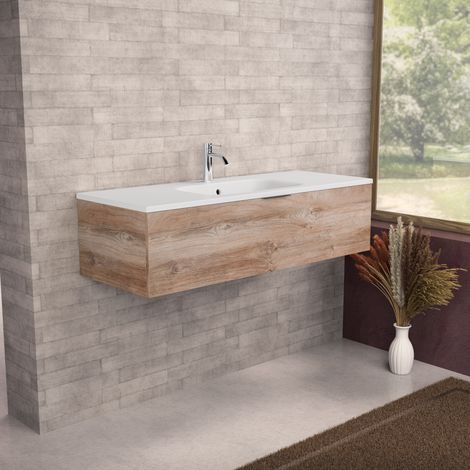 Inda - Badezimmerschrank B.120 mit mattiertem Waschbecken / Natureiche 1 Schublade - Topazio (1/5)