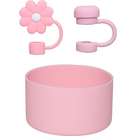 3-teiliges Zubehörset für rosa Becher (20–40 oz), bestehend aus 2 Strohhalmdeckeln und 1 Schutzhülle. Strohhalmdeckel aus Silikon, Becher nicht enthalten. (1/5)
