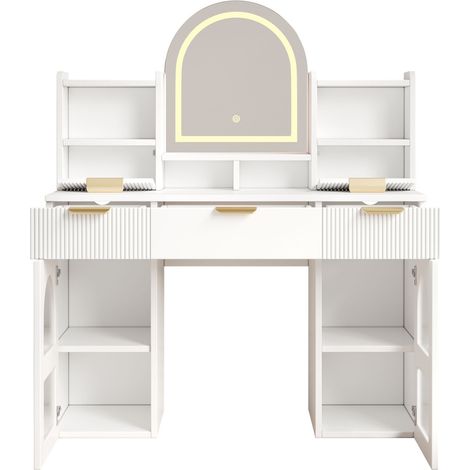 Coiffeuse blanche avec miroir LED, 3 tiroirs et 2 vitrines en verre, 120×40×139,5 cm (1/5)