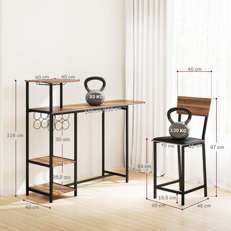 3-teiliges Bartisch-Set, 1 Bartisch, 2 Stühle, mit Weinregal, Glashalter, Offene Regale, Fußstützen, Braun (1/5)