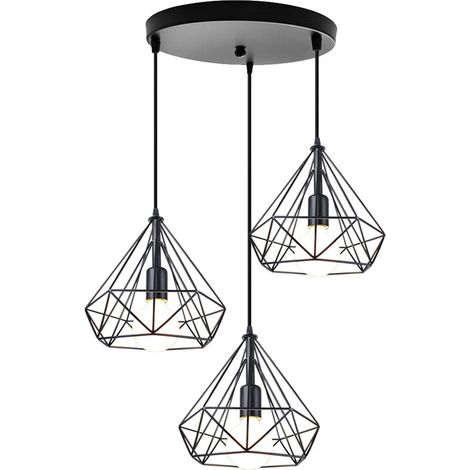Suspension Luminaire Industrielle 3 Lumières E27 25cm Lustre Abat-jour Cage Diamant Métal (1/4)