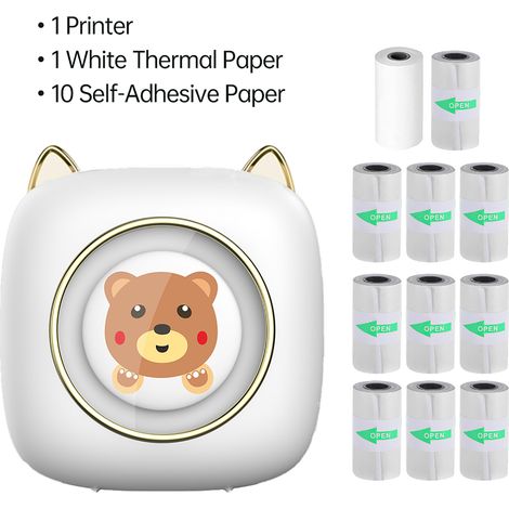 Imprimante d'étiquettes thermique Bluetooth C23 pour photos, carnets, journaux, reçus, motif ours blanc, fournie avec 1 rouleau de papier thermique et 10 rouleaux de papier adhésif, batterie au lithiu