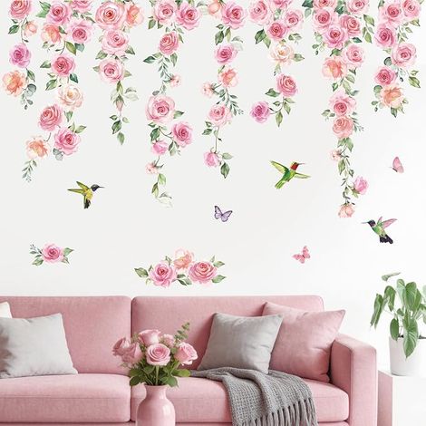 Rose Vine Wall Stickers, Pink Flower Wall Sticker, Wall Decoration for Girls Bedroom Living Room Door Mirror