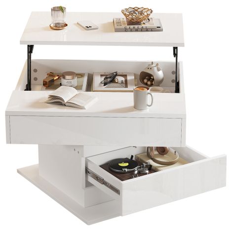 Table basse blanc 70x70x45cm, plateau pivotant 360° relevable 1 tiroir