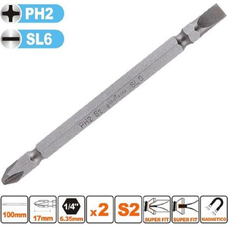 Trade Shop - SATZ 2 STÜCK 100MM DOPPELBITS PH2 + SL6 BIT S2 MAGNETBIT 57244 - (1/2)