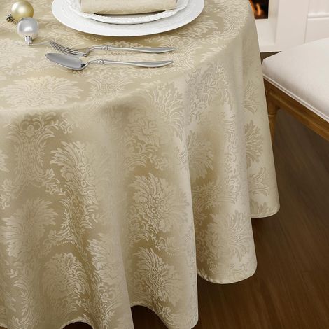 Nappe Ronde 160 cm Beige Extérieurs Anti Tache,Lavable,Résistant à l'eau,Jacquard Décoration Grande Table pour Fêtes,Paques,Anniversaire,Jardin et Repas en Plein Air Printemps (1/5)
